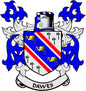 Family crest coat of arms magnet: blue shield with red diagonal stripes, yellow birds, DAWES
