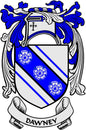 Dawney family crest coat of arms magnet, blue-and-white shield with DAWNEY ribbon