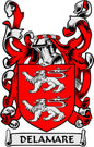 Delamare family crest pinback coat of arms with red-and-white shield and DElamare scroll