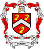 Denham family crest pinback: red-and-white shield with three yellow birds, banner DENHAM