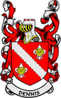 Coat of arms pinback badge with red shield, yellow lions, and “DENNIS” ribbon