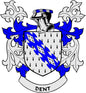 Coat of arms pinback badge with blue-and-white shield and banner reading DENT