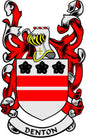 Denton family crest enamel pinback with red-and-white shield and black banner