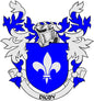Blue family crest pin with shield, fleur-de-lis, wings, and “DIGBY” ribbon design