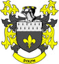 Coat of arms pinback with shield crest, fleur-de-lis emblem, and bold yellow-gold details