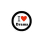 I Love Drama pinback button, 2.25-inch, black border with red heart and white text