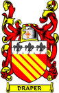Draper coat of arms pinback badge with red and yellow shield and banner reading DRAPER