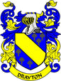 Drayton family crest coat of arms pinback with blue, yellow, and black shield design