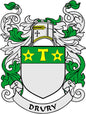 3-inch Drury family coat of arms magnet with green shield, yellow stars, crown, DRURY banner