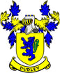 Dudley family crest coat of arms pinback with blue and yellow shield and Dudley banner