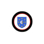 Round family crest magnet with black ring, red border, blue shield, crescent moon, stars