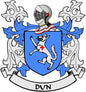 Blue coat-of-arms shield pinback with black lion, red detail, and “DUN” ribbon