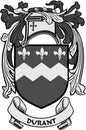 Durant family crest pinback: black-and-white shield with fleur-de-lis and laurel