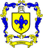 Durham crest coat of arms pinback badge, yellow shield with blue fleur-de-lis, DURHAM banner