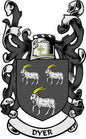 Dyer family crest coat of arms magnet, black shield with sheep and DYER banner