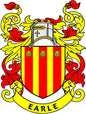 Earle family crest coat of arms pinback with striped red-yellow shield and 'EARLE'