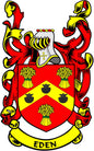Eden family crest coat of arms pinback with red-and-gold shield and “EDEN” ribbon