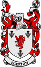 Shield coat of arms pinback with red and black lion, birds, and banner reading EGERTON