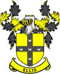 Family crest arms magnet with yellow shield, black cross, gray crescent accents and banner