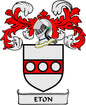 Family crest enamel pinback with shield, red flames, helmet, green gem, ETON banner