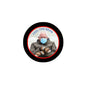 Round pinback button with black rim, 'FEEL THE BERN' text, and masked man's photo