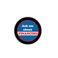 2.25-inch pinback button, black rim, blue center text: 'Ask me about FINANCING'