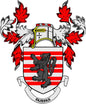 Coat of arms pinback: red/white shield with black lion and Fairfax banner