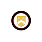 Round family crest arms coat magnet with black ring, red border, yellow shield with birds