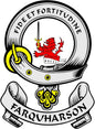 Farquharson family crest arms magnet with helmet, lion, and banner design