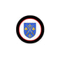 Round family crest coat-of-arms magnet with blue shield and gold crossed emblems