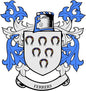 Blue-and-white family crest enamel pinback with shield, flames, and three horseshoes