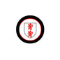3-inch circular arms magnet with black border, red ring, and red family crest shield