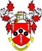 Family crest coat of arms magnet with red-and-white shield and Fetherston banner