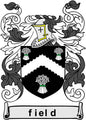 Field family crest arms magnet with black shield, gold crown, and tree-and-banner design