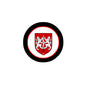 3-inch round coat-of-arms magnet with black ring and red-and-white shield crest