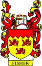 Fisher coat of arms pinback badge with red and yellow shield and 'FISHER' banner