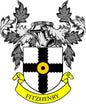 Fitzhenry family crest coat of arms pinback, black-and-white shield with yellow ribbon