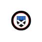 Round family crest coat-of-arms fridge magnet, blue fleur-de-lis shield with X