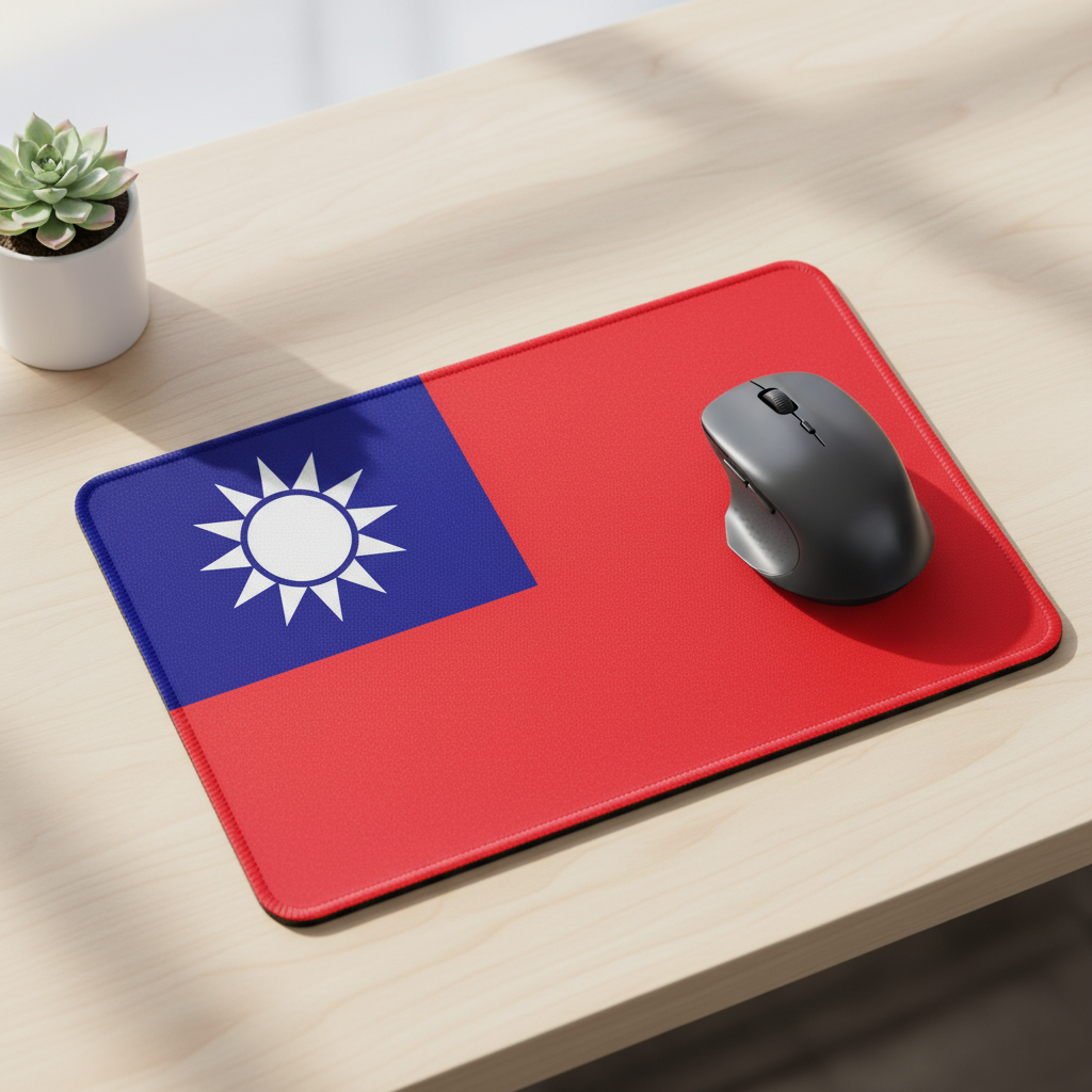 Taiwan flag mouse pad with red surface, blue sun panel, black mouse on top