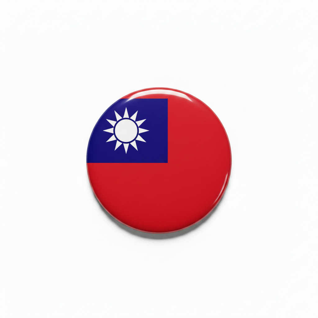 Round Taiwan flag pinback button with red field, blue square, and white sun
