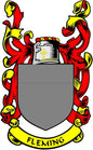 Coat of arms pinback badge with red-and-yellow lions and gray shield, with Fleming banner