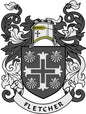 Fletcher family crest pinback badge with shield cross and laurel, black and gold details