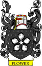 Coat of arms pinback with floral banner and detailed crest design, dark and white tones