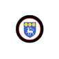 Round black-bordered crest arms magnet with blue shield and white lion illustration