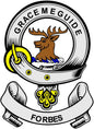 Round Forbes family crest arms magnet, 3-inch: deer emblem with yellow accents.