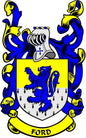 Coat of arms pinback with blue and yellow family crest shield and banner reading 'FORD'.