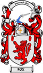 Red and white coat of arms pinback with FOX banner and crest emblem
