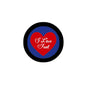 Round pinback button with black rim, blue center, red heart reading 'I Love Fred'.