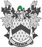 Coat of arms pinback badge with green dragon crest, black-and-white shield, banner 'FRENCH'