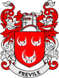 Family crest enamel pinback with red and white shield, crown, and Frevile banner
